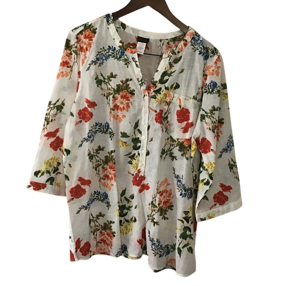 Salon Studio Romantic Floral Print 100% Cotton Popover Blouse XL